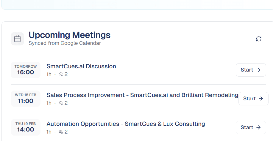 SmartCues.ai upcoming meetings synced from Google Calendar with one-click Start buttons