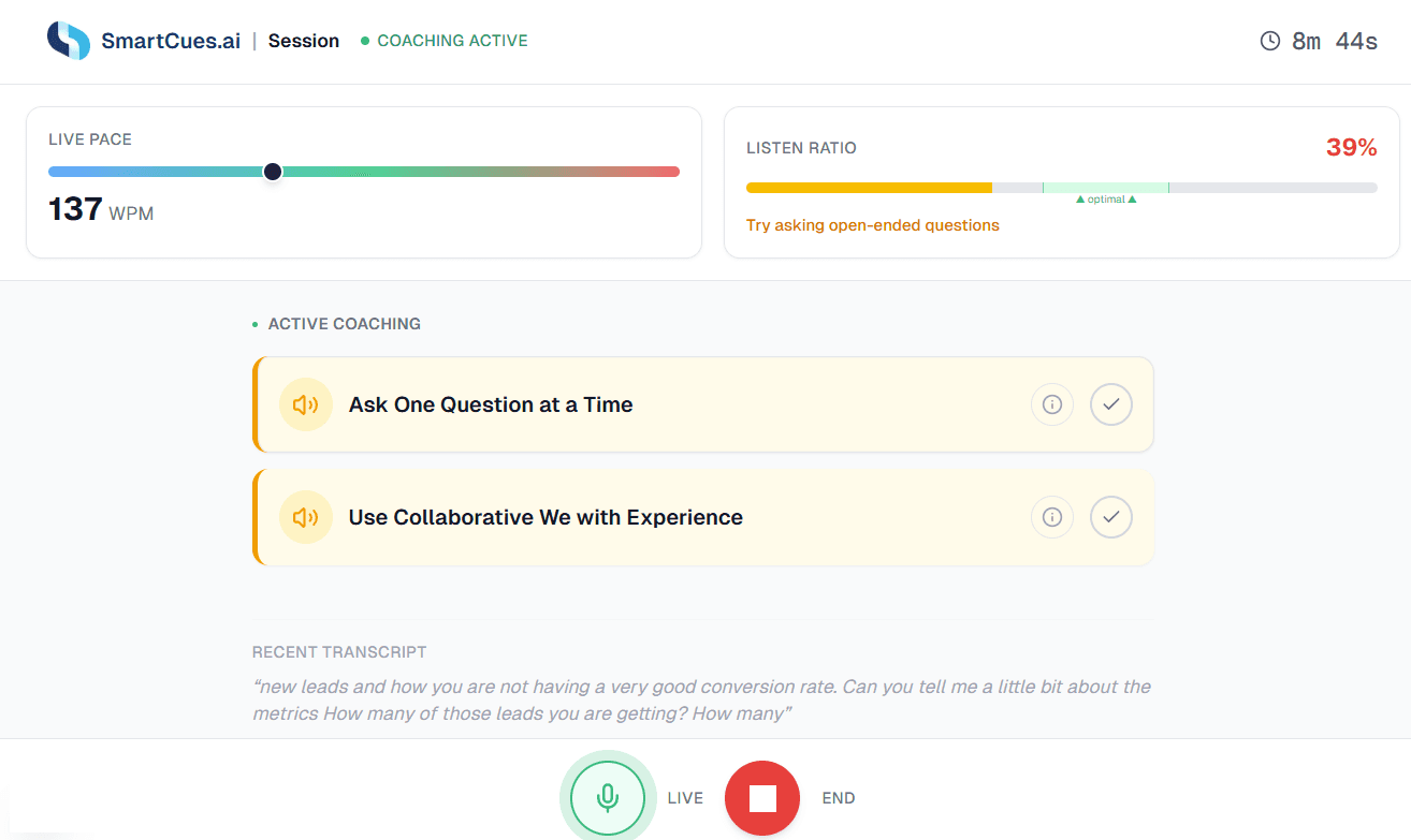 SmartCues.ai live coaching session — WPM pace, listen ratio, active coaching tips, and live transcript
