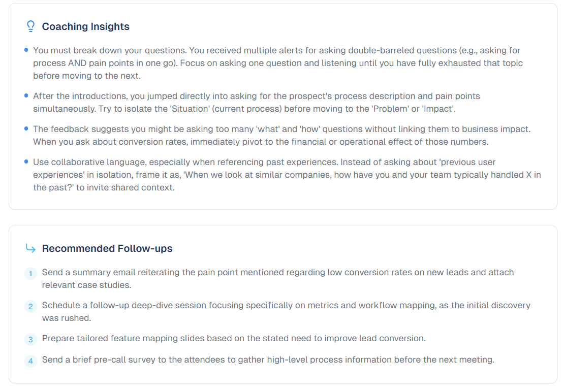 SmartCues.ai coaching insights — actionable feedback and recommended follow-ups